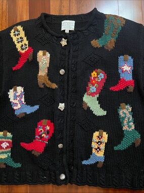 Vtg Susan Bristol Embellished Western Boots Cardigan